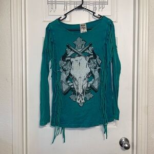 Vocal Teal Long Sleeve Top with Skull and Fringe